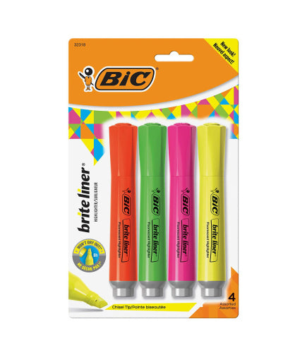 BIC Brite Liner Highlighters – Chisel Tip, 4 Vibrant Colors for Precise Highlighting